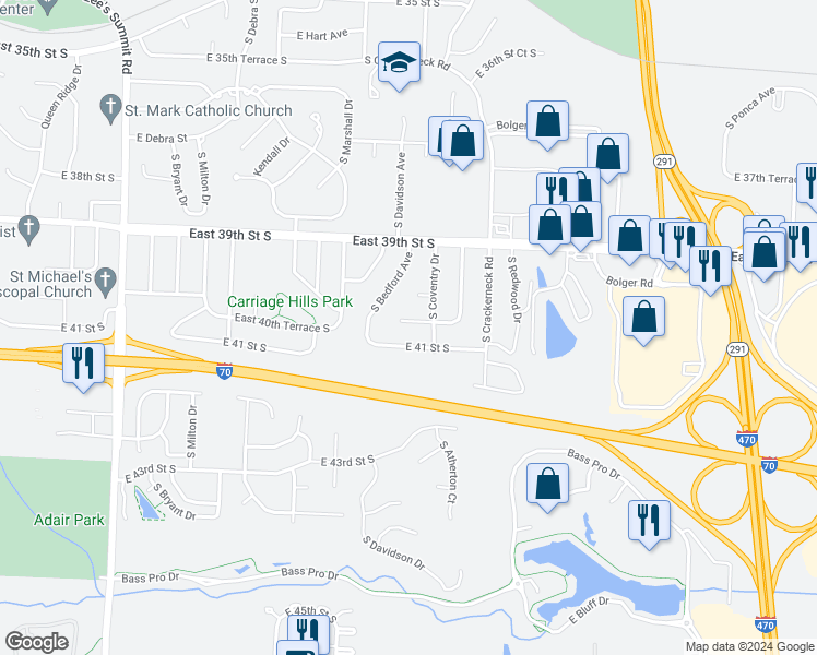 map of restaurants, bars, coffee shops, grocery stores, and more near 17225 East 40th Terrace South in Independence
