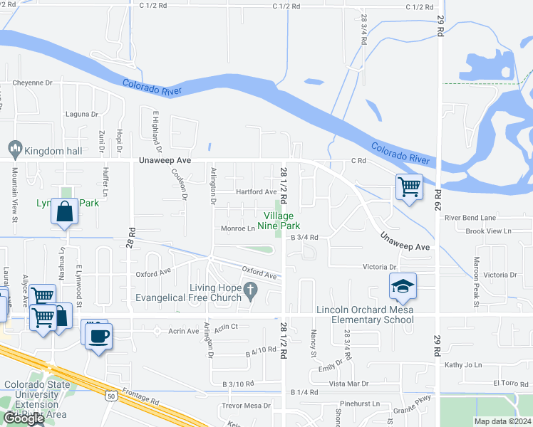 map of restaurants, bars, coffee shops, grocery stores, and more near 2848 Lexington Lane in Grand Junction