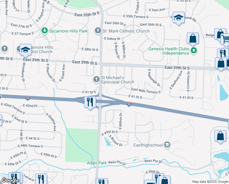 map of restaurants, bars, coffee shops, grocery stores, and more near 4019 South Lee's Summit Road in Independence