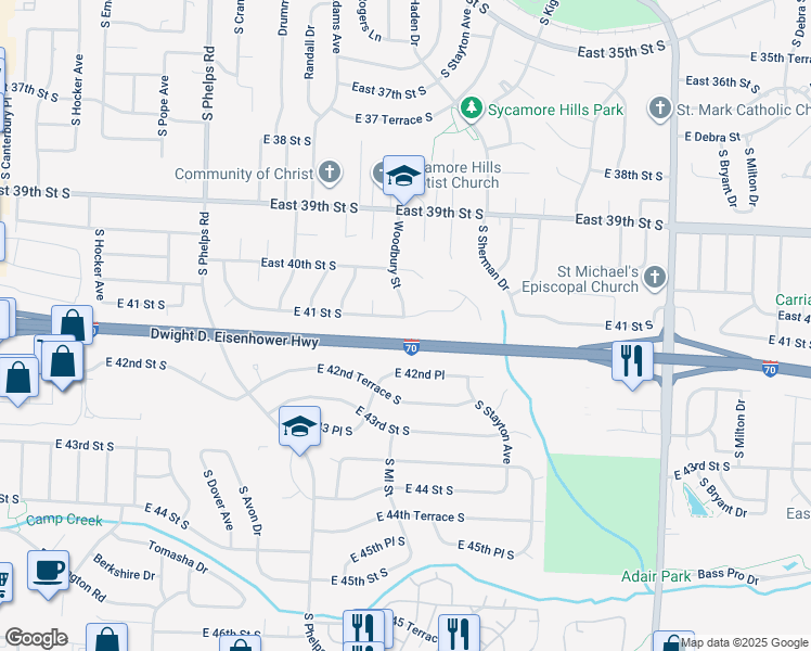 map of restaurants, bars, coffee shops, grocery stores, and more near 4014 Woodbury Street in Independence
