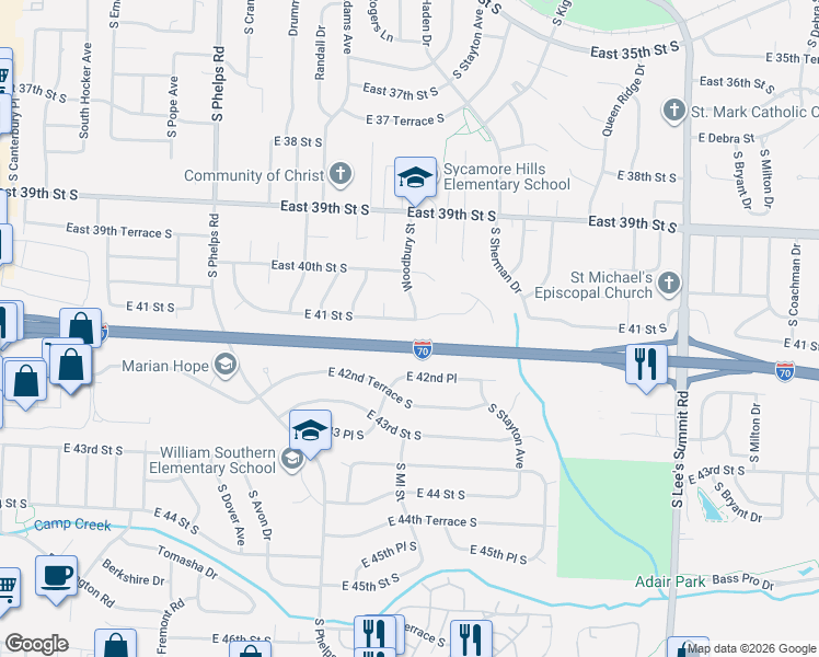 map of restaurants, bars, coffee shops, grocery stores, and more near 4014 Woodbury Street in Independence