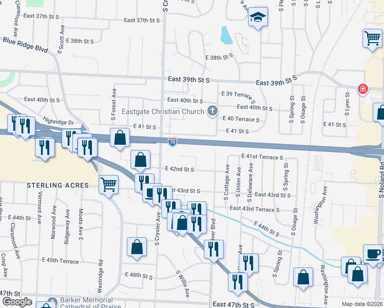 map of restaurants, bars, coffee shops, grocery stores, and more near 12624 East 41st Terrace South in Independence