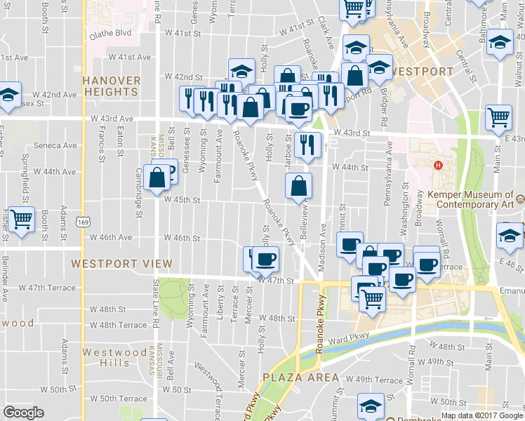 map of restaurants, bars, coffee shops, grocery stores, and more near 1114 West 45th Street in Kansas City