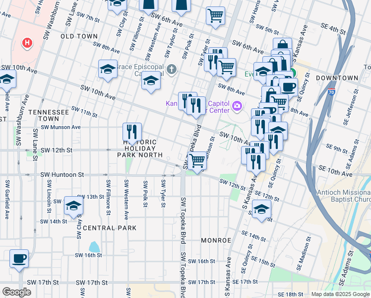 map of restaurants, bars, coffee shops, grocery stores, and more near 1035 Southwest Topeka Boulevard in Topeka