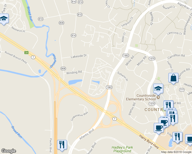 map of restaurants, bars, coffee shops, grocery stores, and more near 45534 Lake Haven Terrace in Sterling
