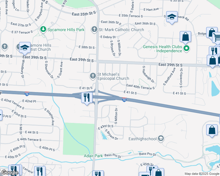 map of restaurants, bars, coffee shops, grocery stores, and more near 4019 South Lee's Summit Road in Independence