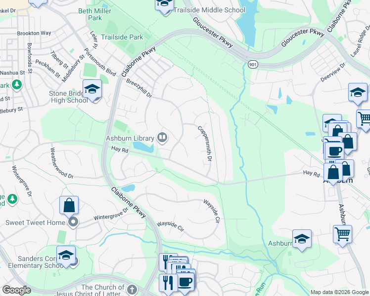 map of restaurants, bars, coffee shops, grocery stores, and more near Hiddengrove Court in Ashburn