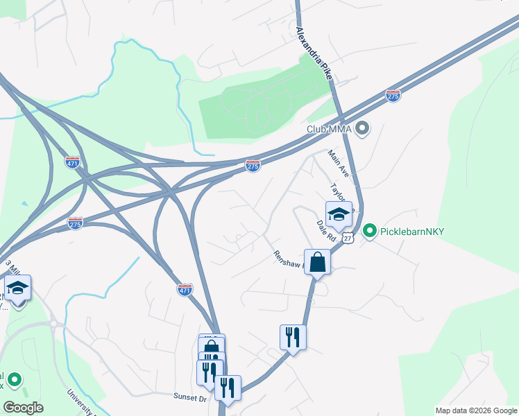map of restaurants, bars, coffee shops, grocery stores, and more near 16 Louisville Road in Highland Heights