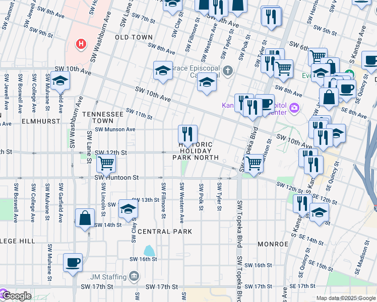 map of restaurants, bars, coffee shops, grocery stores, and more near 800 Southwest 12th Street in Topeka