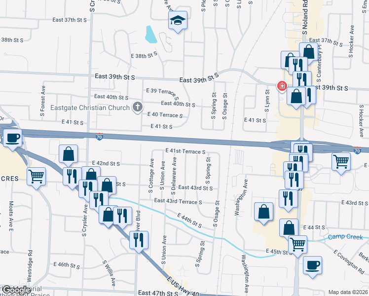 map of restaurants, bars, coffee shops, grocery stores, and more near 13200 East 41st Terrace South in Independence
