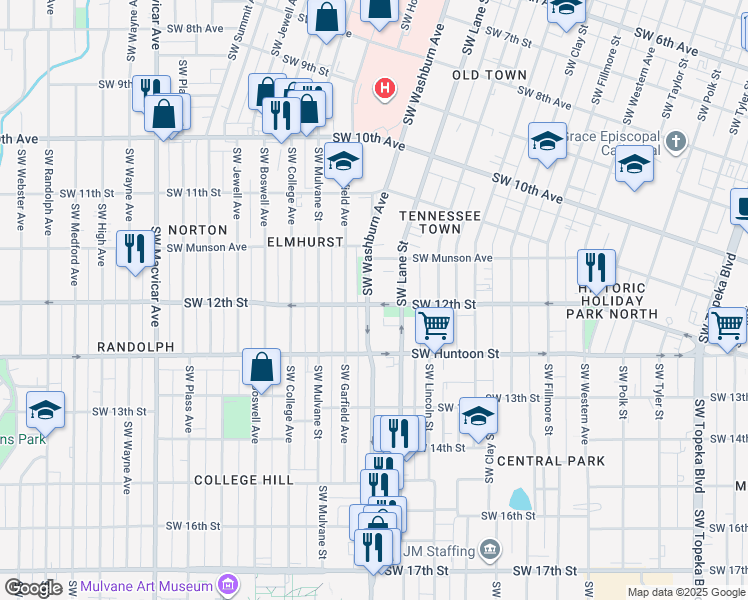 map of restaurants, bars, coffee shops, grocery stores, and more near 1182 Southwest Washburn Avenue in Topeka