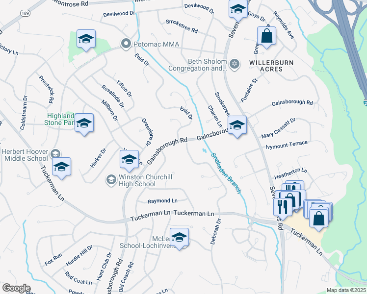 map of restaurants, bars, coffee shops, grocery stores, and more near 11632 Deborah Drive in Rockville
