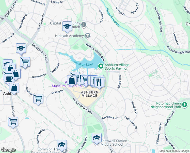 map of restaurants, bars, coffee shops, grocery stores, and more near 44152 Natalie Terrace in Ashburn