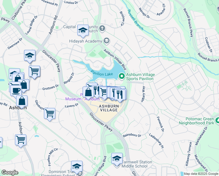 map of restaurants, bars, coffee shops, grocery stores, and more near 20583 Snowshoe Square in Ashburn