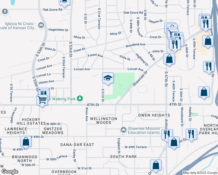 map of restaurants, bars, coffee shops, grocery stores, and more near 3101 South 51st Street in Kansas City