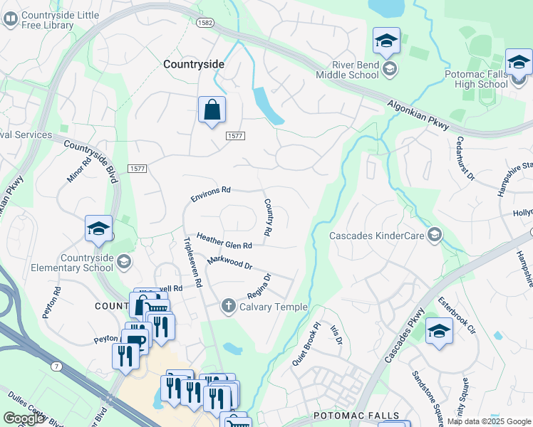 map of restaurants, bars, coffee shops, grocery stores, and more near 109 Country Road in Sterling