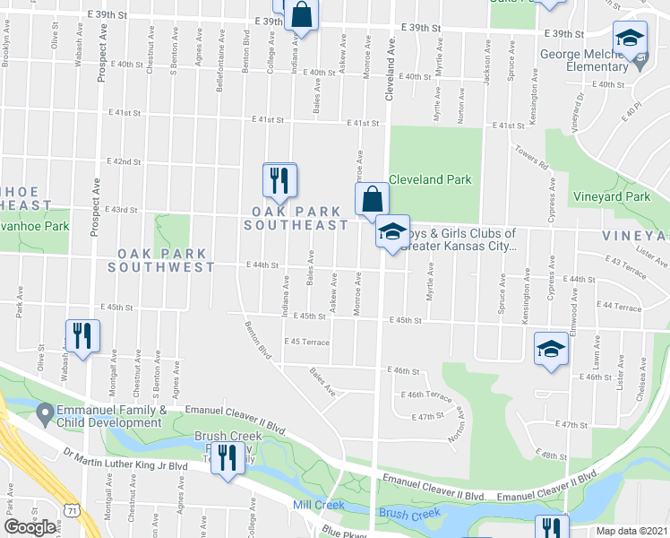 map of restaurants, bars, coffee shops, grocery stores, and more near 3522 Askew Ave in Kansas City