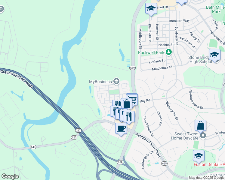 map of restaurants, bars, coffee shops, grocery stores, and more near 42739 Tunstall Terrace in Ashburn