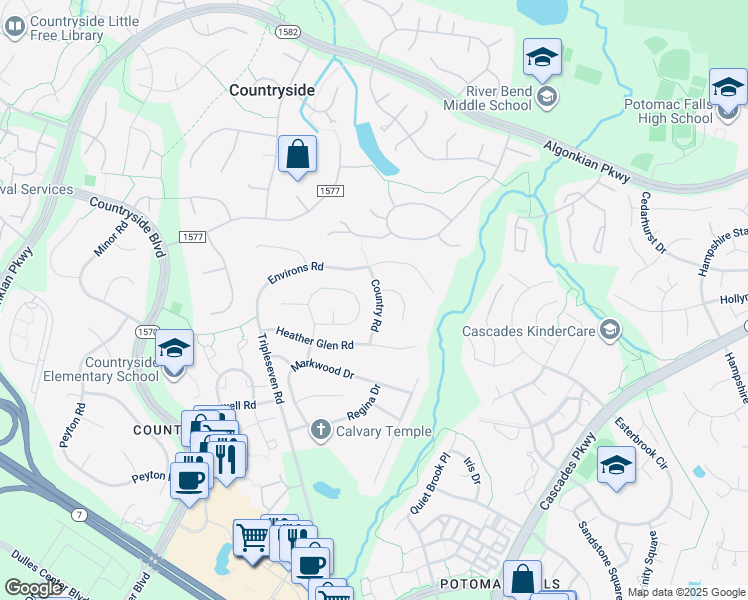map of restaurants, bars, coffee shops, grocery stores, and more near 109 Country Road in Sterling