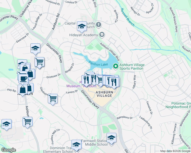map of restaurants, bars, coffee shops, grocery stores, and more near 20603 Cornstalk Terrace in Ashburn