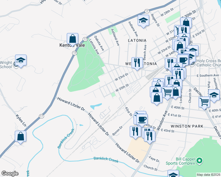 map of restaurants, bars, coffee shops, grocery stores, and more near 3307 Latonia Avenue in Covington