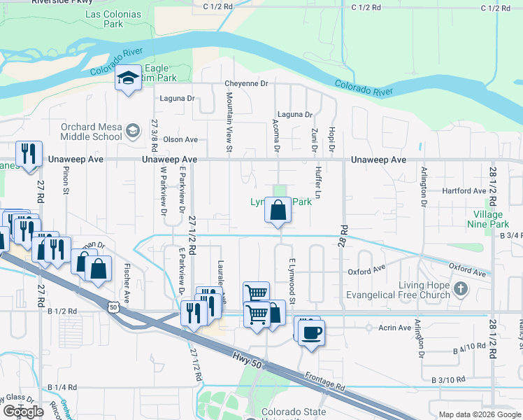 map of restaurants, bars, coffee shops, grocery stores, and more near 2773-2775 Milo Drive in Grand Junction
