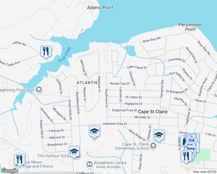 map of restaurants, bars, coffee shops, grocery stores, and more near 1177 Southview Drive in Annapolis