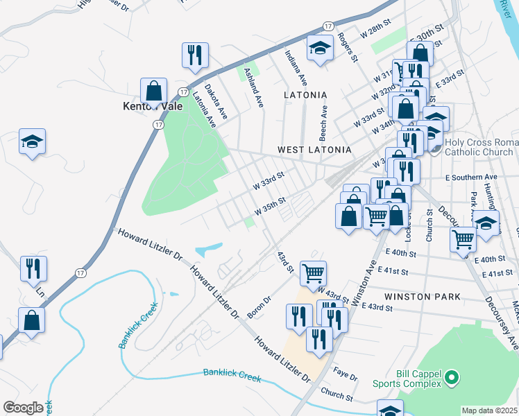 map of restaurants, bars, coffee shops, grocery stores, and more near 3307 Latonia Avenue in Covington