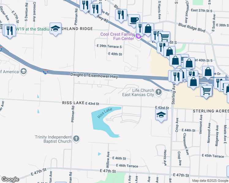map of restaurants, bars, coffee shops, grocery stores, and more near 10412 East 42nd Street in Kansas City