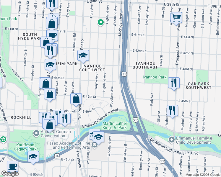 map of restaurants, bars, coffee shops, grocery stores, and more near 4411 Woodland Avenue in Kansas City