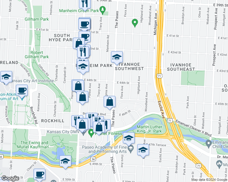 map of restaurants, bars, coffee shops, grocery stores, and more near 4409 The Paseo in Kansas City