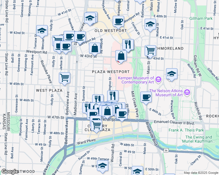map of restaurants, bars, coffee shops, grocery stores, and more near 4435 Pennsylvania Avenue in Kansas City