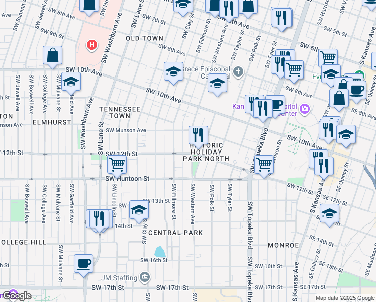 map of restaurants, bars, coffee shops, grocery stores, and more near 1121 Southwest Western Avenue in Topeka