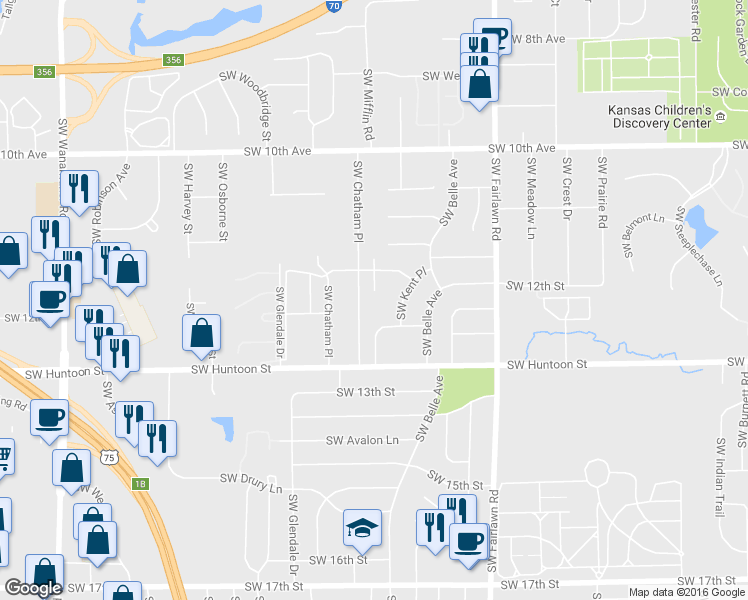 map of restaurants, bars, coffee shops, grocery stores, and more near 1152 Southwest Mifflin Court in Topeka