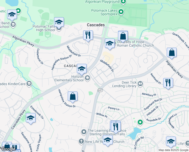 map of restaurants, bars, coffee shops, grocery stores, and more near 46659 Ashmere Square in Sterling