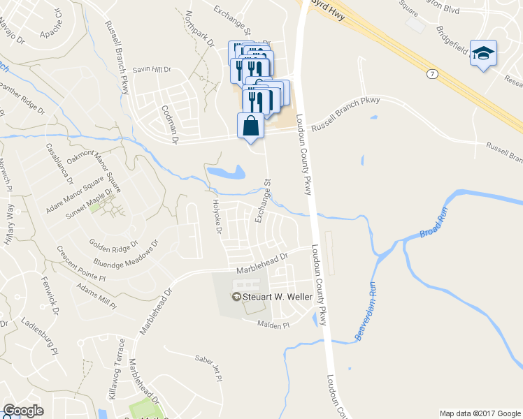 map of restaurants, bars, coffee shops, grocery stores, and more near Saranac Street in Ashburn