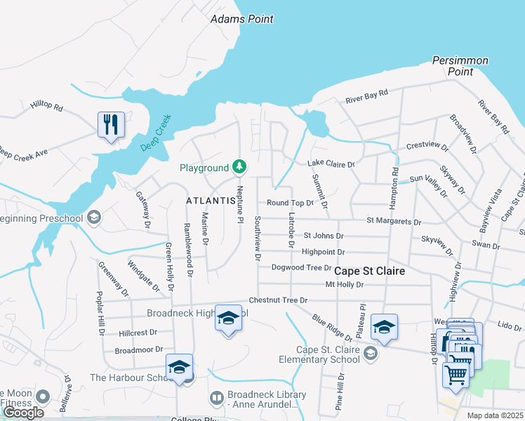 map of restaurants, bars, coffee shops, grocery stores, and more near 1177 Southview Drive in Annapolis