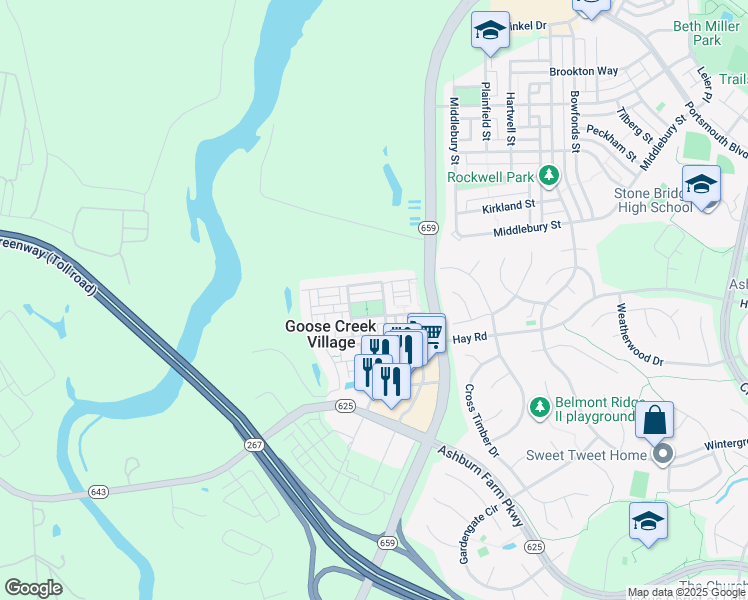 map of restaurants, bars, coffee shops, grocery stores, and more near Tunstall Terrace in Ashburn