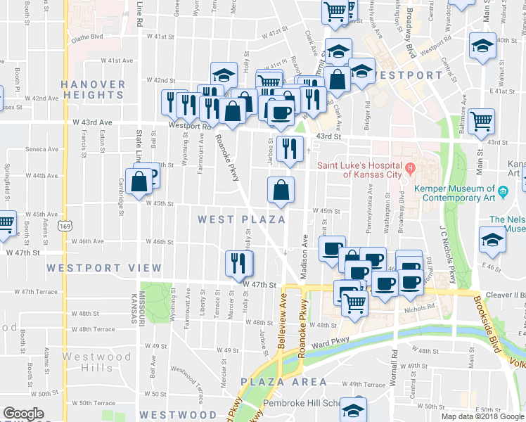 map of restaurants, bars, coffee shops, grocery stores, and more near 1103 West 45th Street in Kansas City