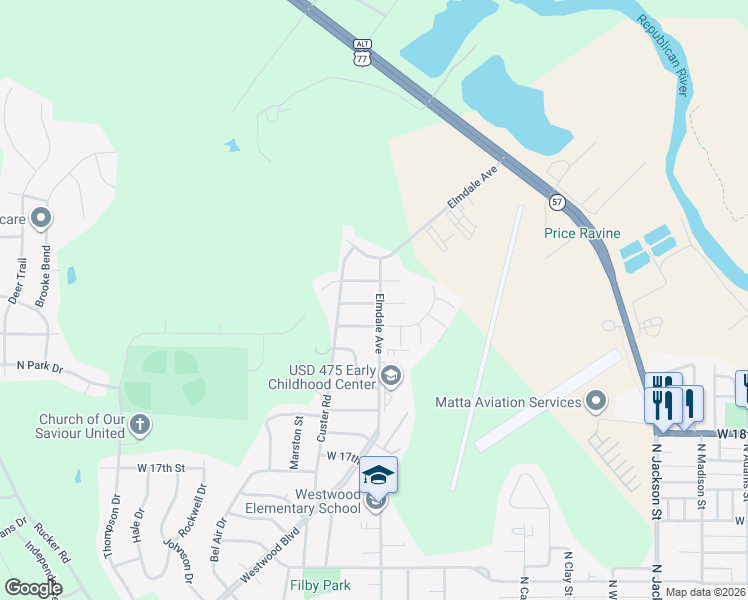 map of restaurants, bars, coffee shops, grocery stores, and more near 1200 West 20th Street in Junction City