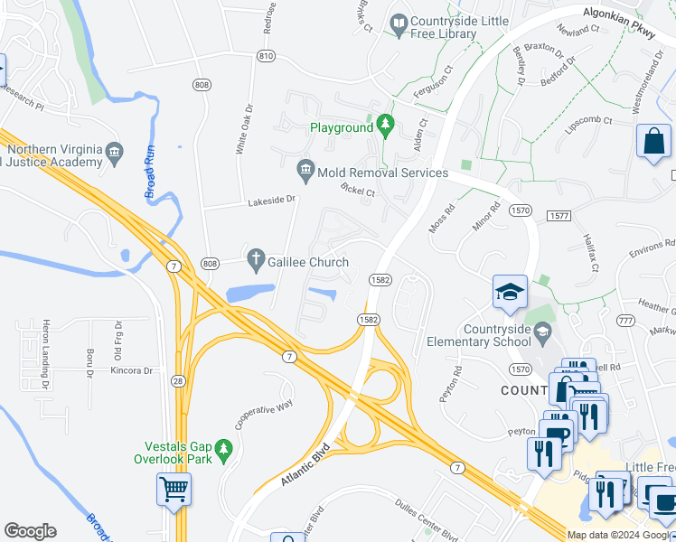 map of restaurants, bars, coffee shops, grocery stores, and more near 45560 Lake Haven Terrace in Sterling
