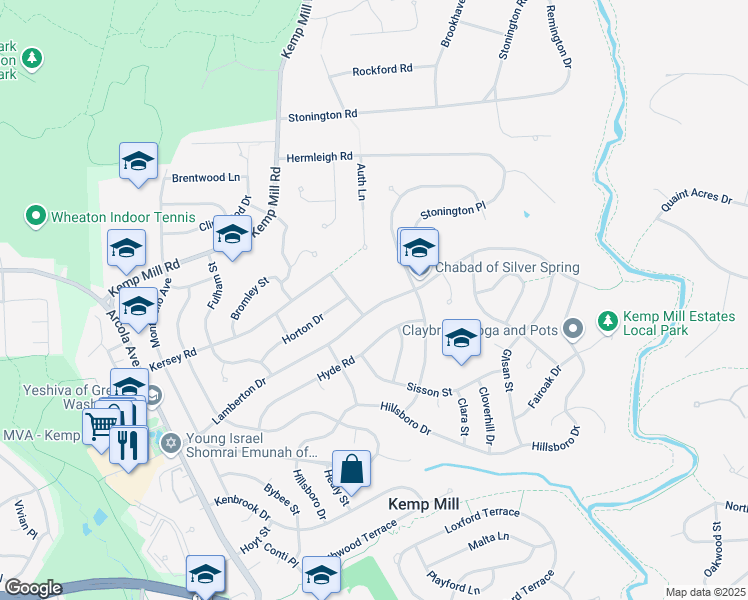 map of restaurants, bars, coffee shops, grocery stores, and more near 611 Lamberton Drive in Silver Spring