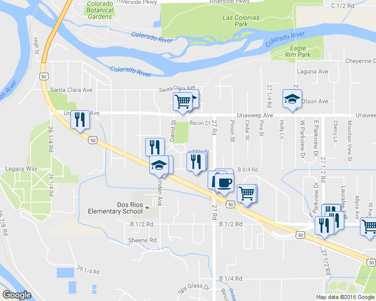 map of restaurants, bars, coffee shops, grocery stores, and more near 2686 Milo Dr in Grand Junction