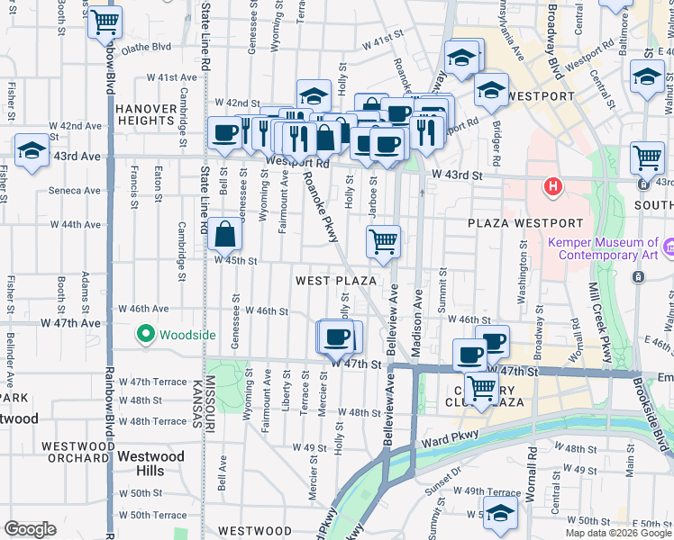 map of restaurants, bars, coffee shops, grocery stores, and more near 1114 West 45th Street in Kansas City