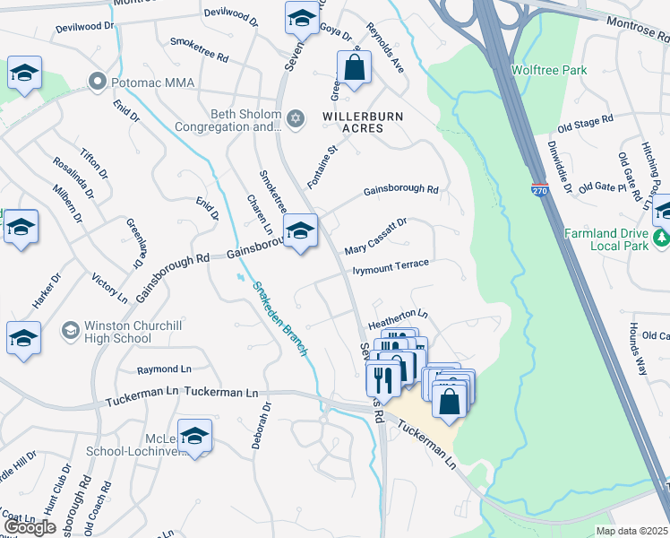 map of restaurants, bars, coffee shops, grocery stores, and more near 7901 Ivymount Terrace in Rockville