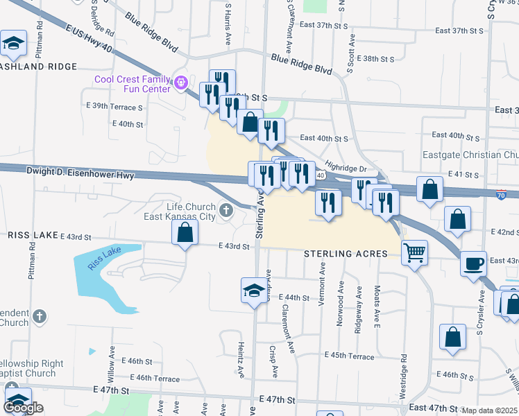 map of restaurants, bars, coffee shops, grocery stores, and more near 4151 Sterling Ave in Kansas City