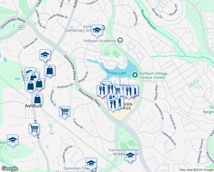 map of restaurants, bars, coffee shops, grocery stores, and more near 44082 Natalie Terrace in Ashburn