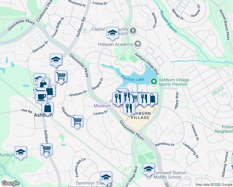map of restaurants, bars, coffee shops, grocery stores, and more near 44030 Choptank Terrace in Ashburn