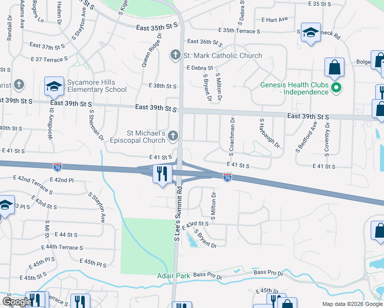 map of restaurants, bars, coffee shops, grocery stores, and more near 4019 South Lee's Summit Road in Independence