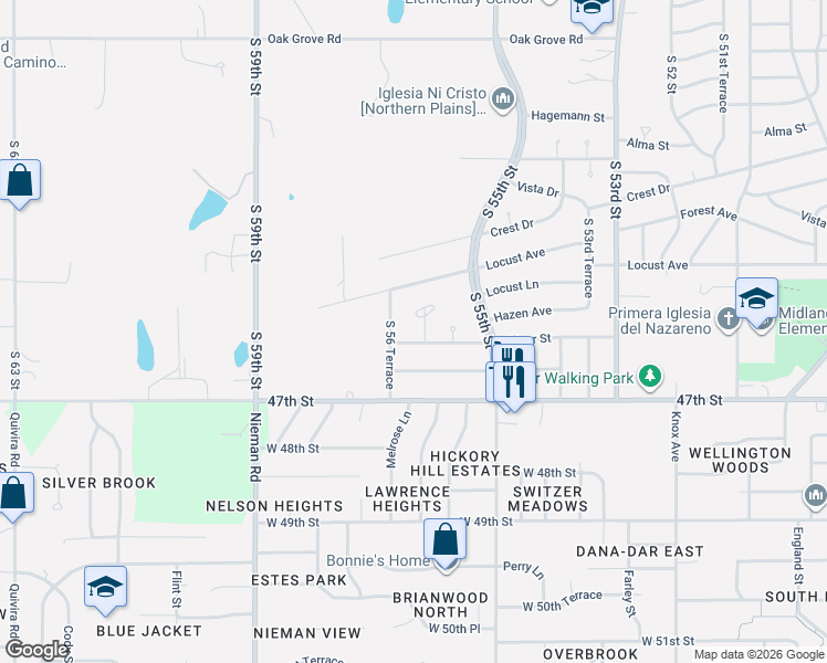map of restaurants, bars, coffee shops, grocery stores, and more near 3030 South 56th Street in Kansas City